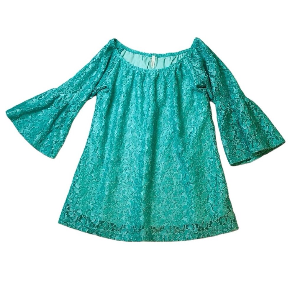 Cezanne Turquoise Lace Flutter Sleeve Tunic Top Size XL